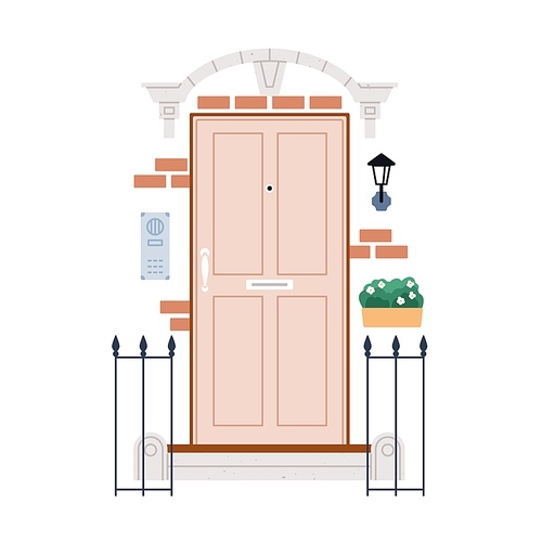 Home door with decoration outside. Front entrance with fence, potted plant, lamp, brick house wall. Facade, exterior of entry, peehole, post slot. Flat vector illustration isolated on white .