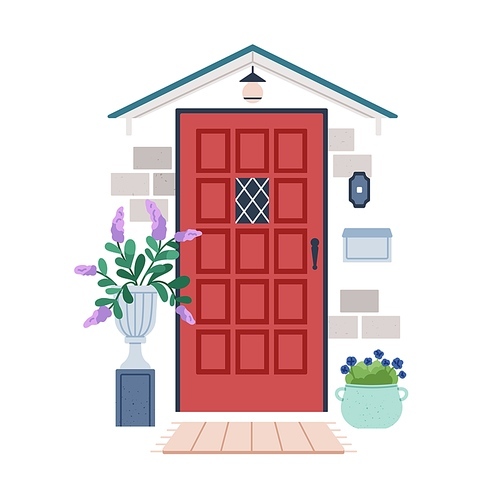 Front view of door outside of house. Closed locked home entrance exterior, facade with potted flower plants, lamp, mail box, rug. Doorway, entry. Flat vector illustration isolated on white .