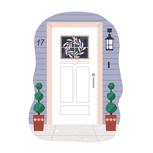 House door exterior. Front home entrance with potted plant, hanging wreath decoration, lamp. Wood building facade with decorated entry. Flat vector illustration isolated on white .