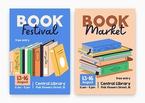 Book festival, fair ad poster designs. Promo flyer background templates with abstract literature for reading and education event in library, sale in store, bookshop. Colored flat vector illustrations.