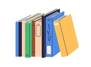 Abstract books spines row. Different academic paper literature for reading, education, studying. Library textbooks standing in hardcovers. Flat vector illustration isolated on white .