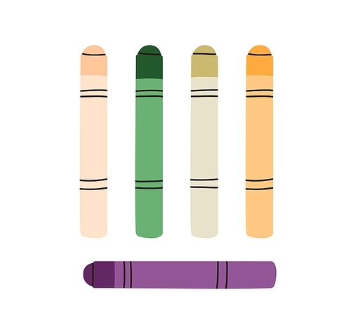 Crayon sticks of different color. Chalk pencils set of various colour. Dry paints for drawing, craft. Wax oil pastels pigments set. Flat vector illustration isolated on white .