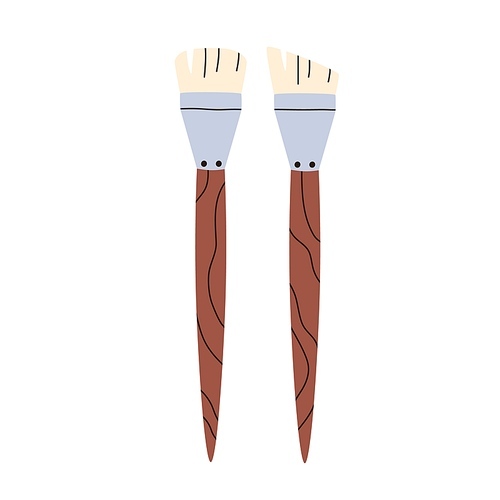 Paintbrushes for painting. Paint brushes with angular wash bristles. Artists wide drawing tools with wood handle, straight and angled toe. Flat vector illustration isolated on white .