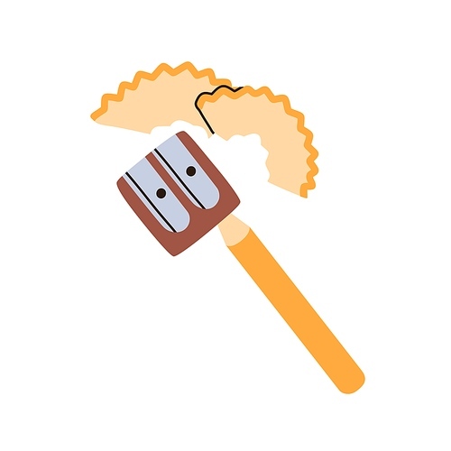 Sharpening blunt pencil inside sharpener. Fan-shaped shavings, wood remains after making stationery sharp with topper tool. Flat vector illustration isolated on white .