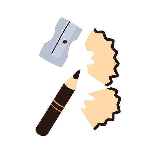 Sharpened small pencil, metal sharpener, pointer and wood remains, shavings. Sharp topper tool. Flat vector illustration isolated on white .