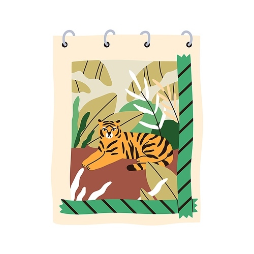 Sketchbook with picture of tiger animal in nature. Spiral notebook with drawing on paper. Painting with sticky tapes in notepad, sketch book. Flat vector illustration isolated on white .