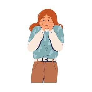 Happy surprised woman with wow face expression. Amazed excited person with positive emotional reaction to unexpected. Astonished female. Flat vector illustration isolated on white .