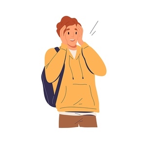 Surprised amazed man with happy shocked face expression. Astonished excited person grabbing his head. Positive wow reaction to unexpected. Flat vector illustration isolated on white .
