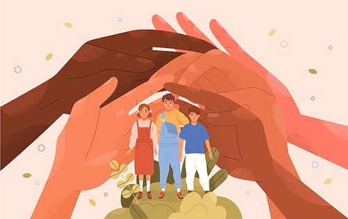 Helping hands taking care about kids. Charitable support and protection of children concept. Society, charity community protecting, upbringing orphans, girls and boys. Flat vector illustration.