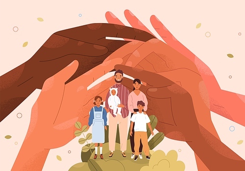 Support and help for large family. Social policy for multi-child parents concept. Hands protecting, caring about mother, father and kids. Assistance, aid from society. Flat vector illustration.