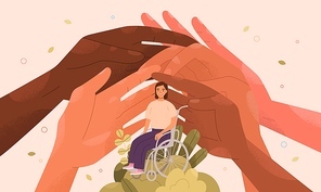 supporting disabled person in . concept. social charitable help, aid for woman with disability. hands, society protecting and caring about people in wheel chair. flat vector illustration.