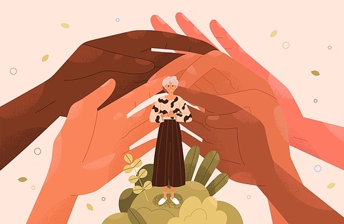 Support for old person concept. Charitable help for people of senior age. Care and assistance for elderly woman. Social aid, defense and protection for older retired female. Flat vector illustration.