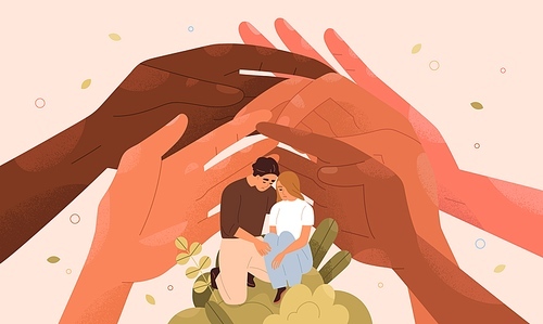 Supporting hands around sad couple after child loss. Care of people in difficult life situations, grief. Society, community for helping parents in sorrow, difficulties. Flat vector illustration.