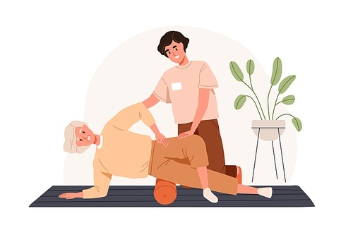 Senior person exercising with roller for rehabilitation, recovery. Nurse helping old woman to recover with physiotherapy. Rehab physio therapy. Flat vector illustration isolated on white .