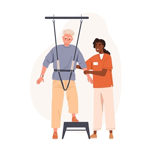 Elderly person learning, relearning to walk with physiotherapy equipment at rehab therapy. Physiotherapist teaching aged patient with disability. Flat vector illustration isolated on white .