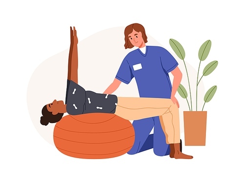 Patient exercising with ball at rehabilitation therapy. Nurse doctor helping woman with physical disability at physiotherapy, rehab treatment. Flat vector illustration isolated on white .