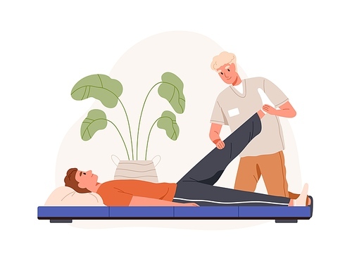 Chiropractor and patient at physiotherapy rehabilitation. Physiotherapist adjusting leg. Rehab chiropractic therapy and osteopathy treatment. Flat vector illustration isolated on white .