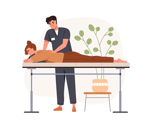 Patient at rehabilitation massage at chiropractors. Masseur physiotherapist osteopath treating back. Rehab therapy, physiotherapy treatment. Flat vector illustration isolated on white .