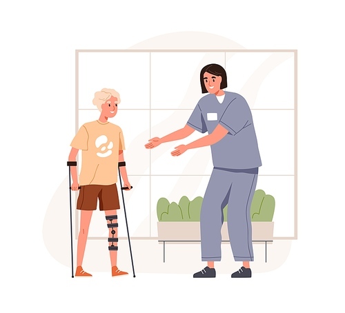 Physiotherapist helping kid walking with crutches after fracture, injury. Child patient at rehabilitation therapy. Nurse supporting boy in rehab. Flat vector illustration isolated on white .