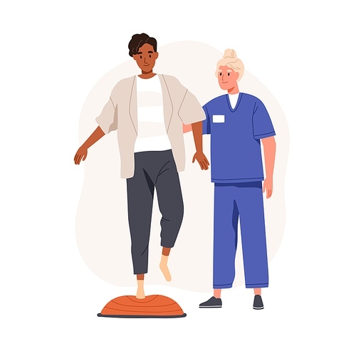 Nurse helping patient with rehabilitation. Balance exercise with bosu ball. Man and doctor during rehab physiotherapy. Recovery therapy concept. Flat vector illustration isolated on white .