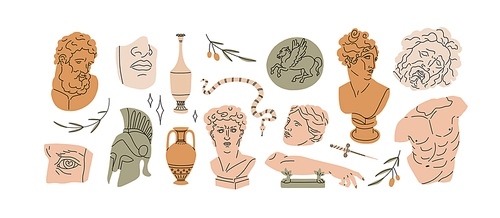 Ancient Greek classic statues and sculptures set, drawn in modern trendy style. Antique art design elements, busts and torsos of Greece. Flat graphic vector illustrations isolated on white .