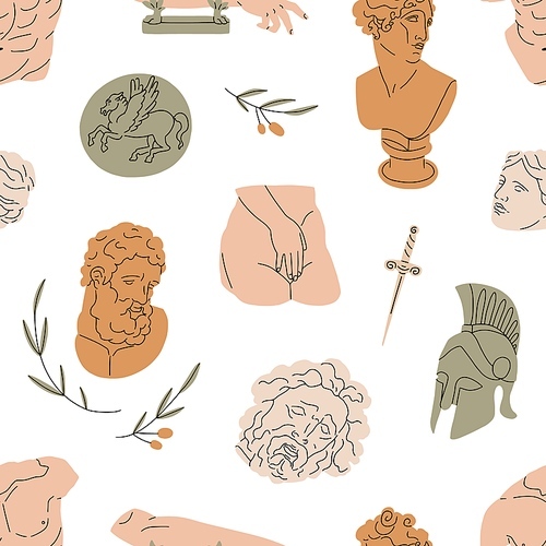 Modern Greek pattern with ancient sculptures, statues. Endless background design with Greece gods, goddesses repeating . Trendy abstract antique texture. Colored flat vector illustration.