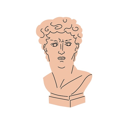 Greek sculpture drawn in modern style. Antique bust of David. Ancient Greece stone statue of man head, human face. Stylized classic art. Flat graphic vector illustration isolated on white .