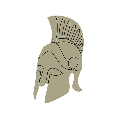 Greek phalanx helmet of ancient Greece warrior. Antique Spartan head armour with metal crest. Historical military mask, face armor of Macedonia. Flat vector illustration isolated on white .