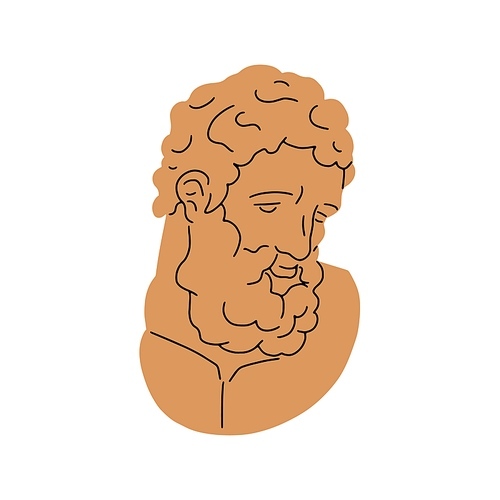 Ancient Greek bust of bearded face. Old sculpture of antique Greece. Vintage philosopher head statue drawn in contemporary trendy style. Flat vector illustration isolated on white .