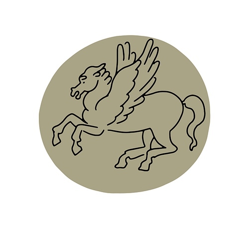 Old Greek coin with pegasus. Antique money of Ancient Greece. Historical finance of Athens with horse and wings. Seal with stallion. Flat vector illustration isolated on white .