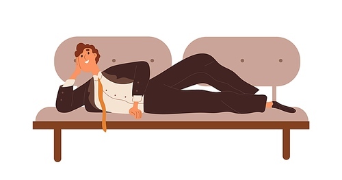 Happy office worker relaxing, dreaming. Man clerk lying on sofa, daydreaming. Employee dreamer. Funny businessman resting on couch. Flat graphic vector illustration isolated on white .