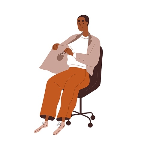 African employee sitting in chair, putting glasses into inner pocket. Black man clerk, businessman in armchair. Office worker with eyeglasses. Flat vector illustration isolated on white .
