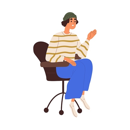 Young happy girl sitting in wheeled armchair. Modern employee, trendy creative office worker in chair, greeting smb with hi hand gesture. Flat vector illustration isolated on white .