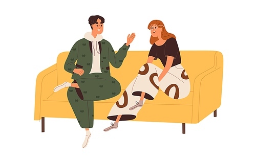 Man and woman friends sitting on sofa, chatting. Happy smiling people, couple talking, laughing, relaxing on couch together. Funny dialog. Flat graphic vector illustration isolated on white .