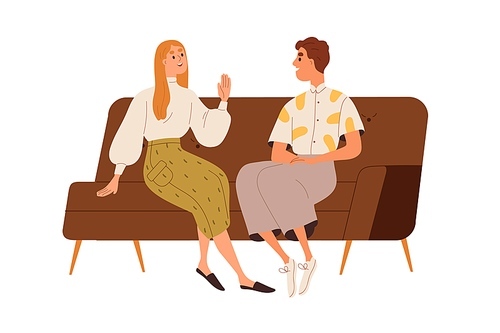 Happy man and woman talking, sitting on sofa. Love couple chatting, flirting, relaxing on couch. People, colleagues communication, dialog. Flat graphic vector illustration isolated on white .