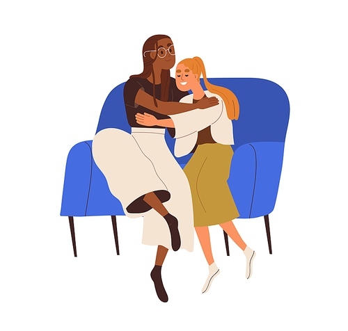 Women friends hugging on sofa. Happy girls couple of different race, sitting on couch. Biracial girlfriends embracing, supporting each other. Flat vector illustration isolated on white .