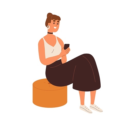 Young modern woman sitting with mobile phone, texting. Happy smiling girl holding smartphone, surfing internet, using social networks. Flat vector illustration isolated on white .
