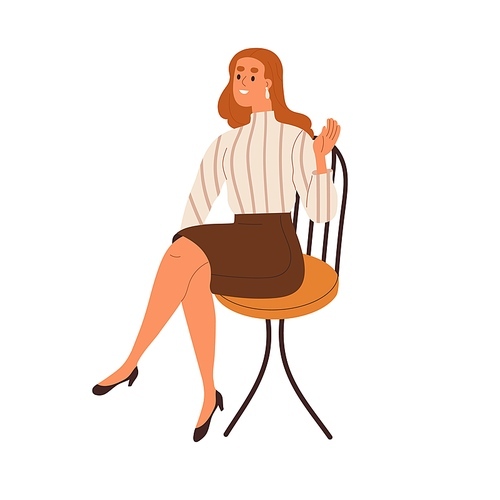 Young woman employee sitting in chair. Office worker greeting smb with hi hand gesture, saying hello. Happy businesswoman in skirt, blouse. Flat vector illustration isolated on white .