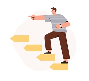 Person going up on steps. Development, progress, career growth concept. Man climbing stairs, on way to success, pointing, aiming at goal, growing. Flat vector illustration isolated on white background.