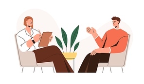 Psychologist listening to patient at mental therapy session. Person talking to psychotherapist. Private psychology, psychotherapy help concept. Flat vector illustration isolated on white .