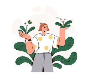 Happy woman with plants in garden. Girl feeling unity with nature, enjoying and contemplating. Botanist with spring flowers. Wellbeing concept. Flat vector illustration isolated on white .