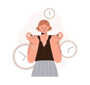 Good effective time-management concept. Person and clocks, watches, managing and controlling deadlines. Well-organized balanced life plan. Flat vector illustration isolated on white .