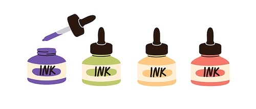 Ink bottles of different color, tincture. Open and closed containers with calligraphy essence, dropper, pipette. Flat vector illustration isolated on white .