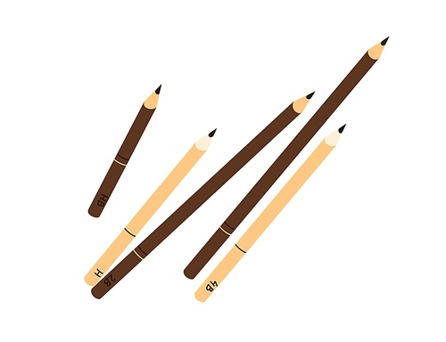 Different lead pencils with sharp graphite tips. Sharpened wooden stationery, items for drawing, writing. School supplies. Flat vector illustration isolated on white .
