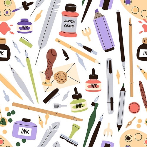 Seamless pattern with art supplies. Background with calligraphy tools, accessories, stuff. Repeating  of pens, quills, pencils, ink, seals for handwriting. Flat vector illustration for wrapping.