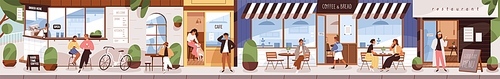 City street with people citizens eating in cafes, restaurants, coffee shops outside on terraces in downtown. Long urban panorama, cityscape with open cafeterias exteriors. Flat vector illustration.
