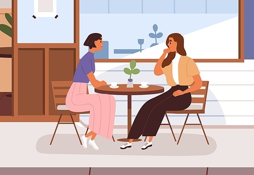 Women friends at cafe table outside of coffee shop. Girls talking, sitting at summer cafeteria terrace outdoors in city street. Girlfriends meeting in coffeehouse in morning. Flat vector illustration.