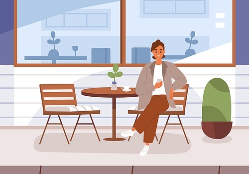 Woman sitting at cafe table with phone outdoors. Happy person alone at summer terrace outside of coffee shop. Girl with smartphone near coffeehouse, cafeteria in city street. Flat vector illustration.