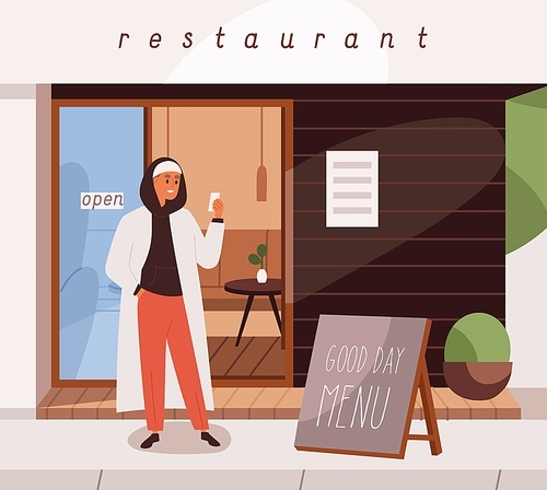 Man waiting outside of restaurant. Person standing alone with mobile phone in hand near cafe. Guy with smartphone in city street outdoors. Young male in downtown. Flat vector illustration.