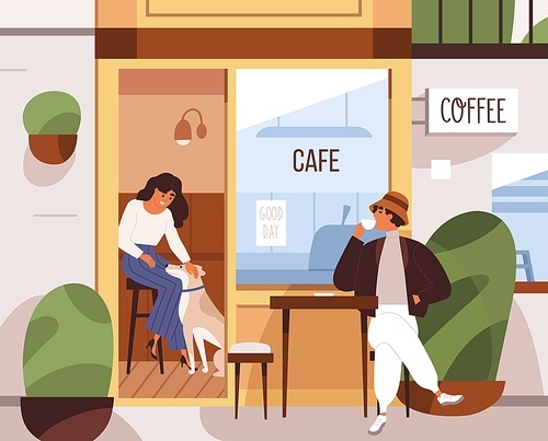 City cafe with tables, customers indoors and outdoors. People drinking in dog-friendly coffee shop, coffeehouse. Man relaxing in summer terrace outside cafeteria in street. Flat vector illustration.